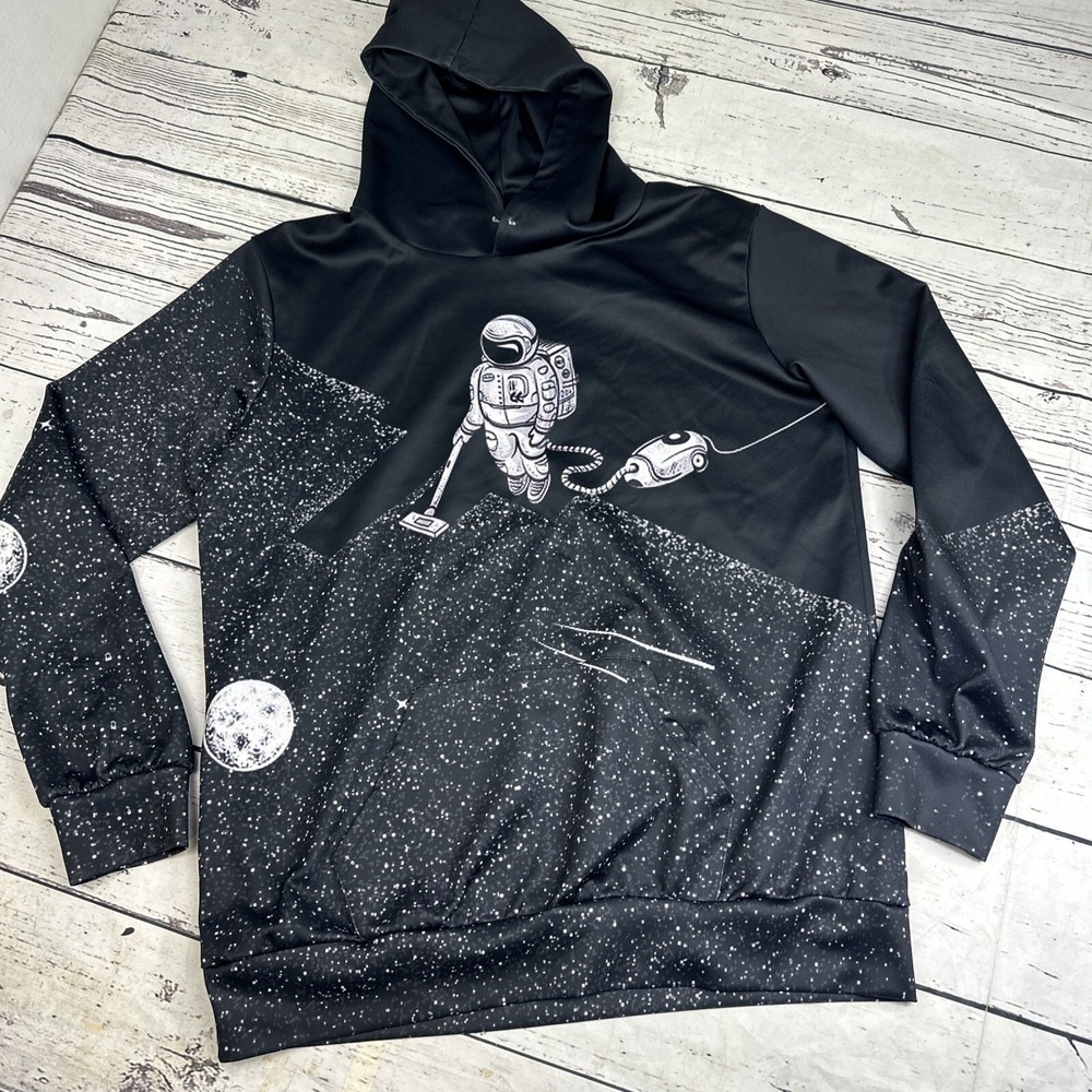 Astronaut Vacuuming Moon Space Galaxy Graphic Hoodie Black White Pullover Mens L